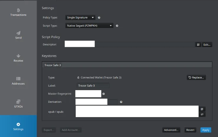 Sparrow - Settings panel with keystore