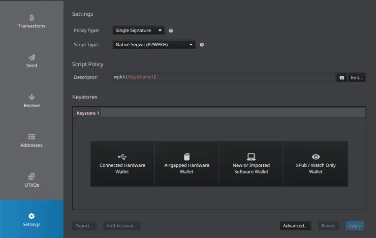 Sparrow - Settings panel without keystore
