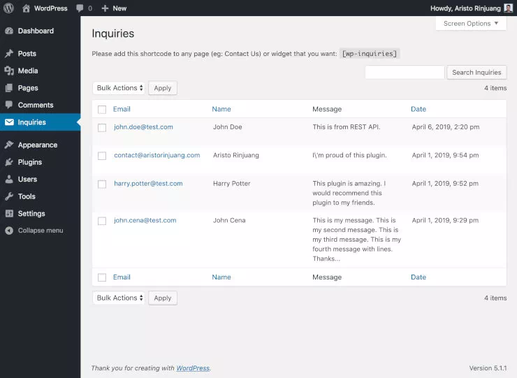 Screenshot 1 of WP Inquiries